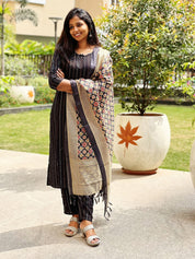TheHandStitch Black Striped Kurti Set with Printed Dupatta | Elegant Ethnic Wear for Women