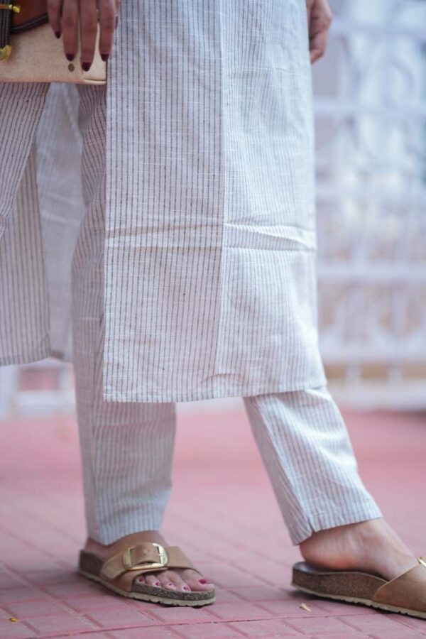 Grey Striped Cotton Kurta Pant Set for Women Elegant Minimal Ethnic Wear