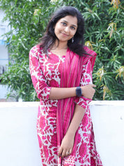 TheHandStitch Pink Floral Printed Kurti Set with Dupatta Stylish Cotton Ethnic Wear for Women