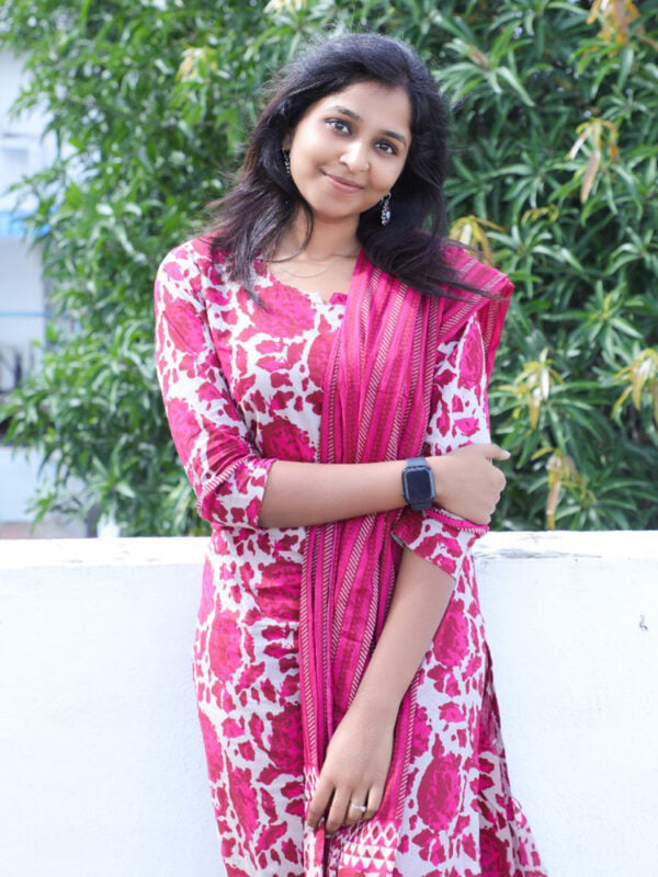 TheHandStitch Pink Floral Printed Kurti Set with Dupatta Stylish Cotton Ethnic Wear for Women