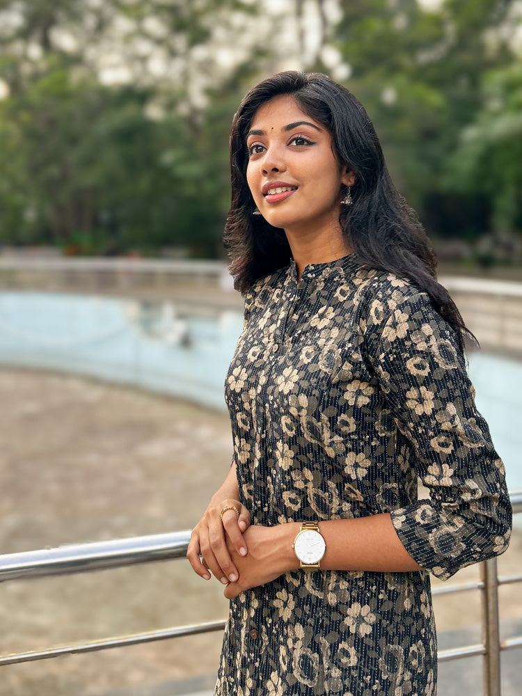 Black Floral Printed Kurta Pant Set for Women Elegant Ethnic Co-ord Suit