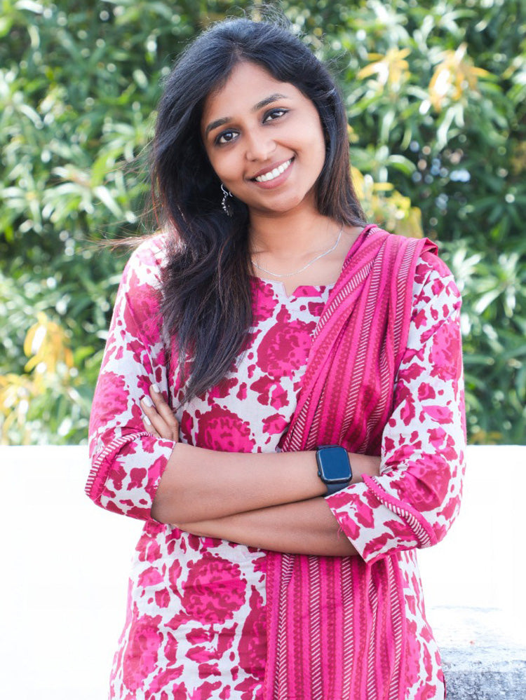 TheHandStitch Pink Floral Printed Kurti Set with Dupatta Stylish Cotton Ethnic Wear for Women