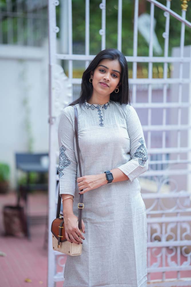 Grey Striped Cotton Kurta Pant Set for Women Elegant Minimal Ethnic Wear