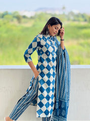 TheHandStitch Blue Handblock Printed Kurti Set with Dupatta Stylish Cotton Ethnic Wear for Women