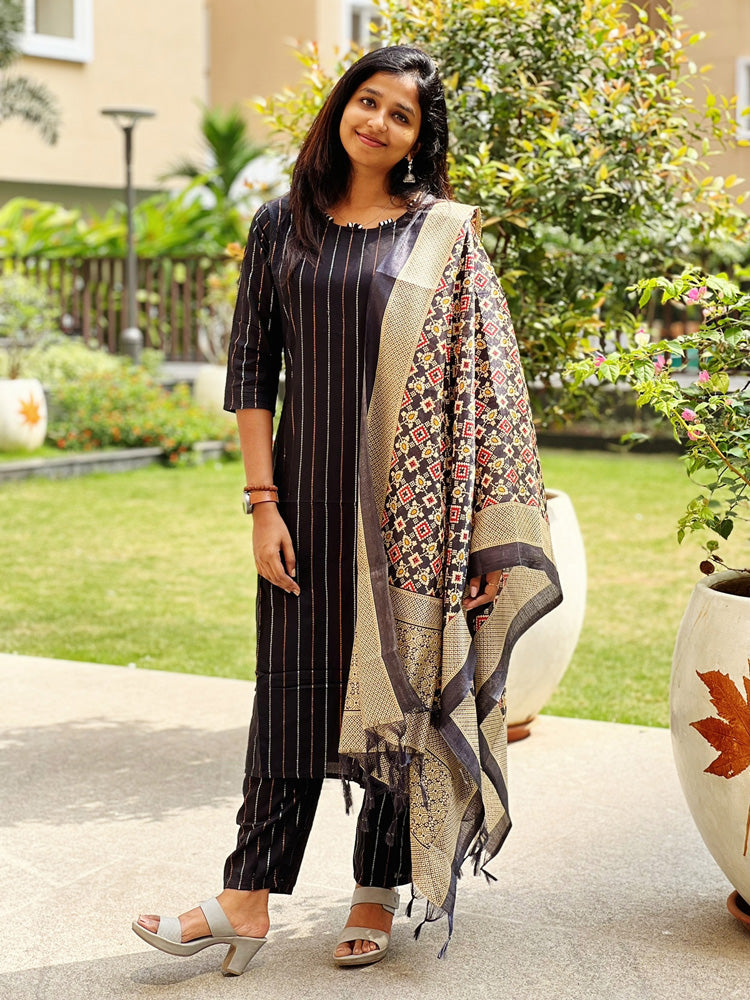 TheHandStitch Black Striped Kurti Set with Printed Dupatta | Elegant Ethnic Wear for Women