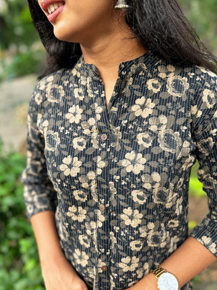 Black Floral Printed Kurta Pant Set for Women Elegant Ethnic Co-ord Suit