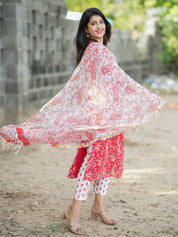Red Paisley Printed Kurta Pant Dupatta Set for Women Elegant Ethnic Cotton Suit
