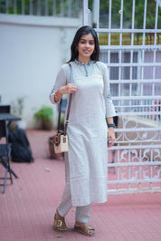 Grey Striped Cotton Kurta Pant Set for Women Elegant Minimal Ethnic Wear