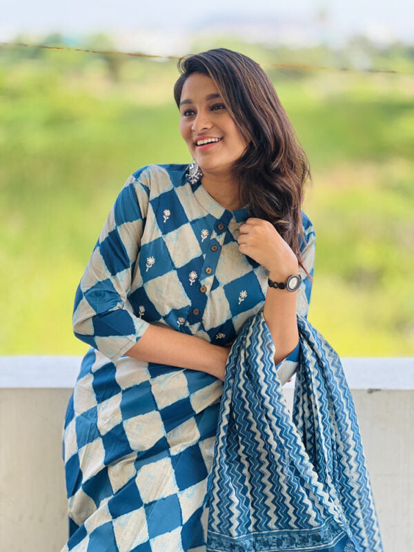 TheHandStitch Blue Handblock Printed Kurti Set with Dupatta Stylish Cotton Ethnic Wear for Women