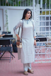 Grey Striped Cotton Kurta Pant Set for Women Elegant Minimal Ethnic Wear