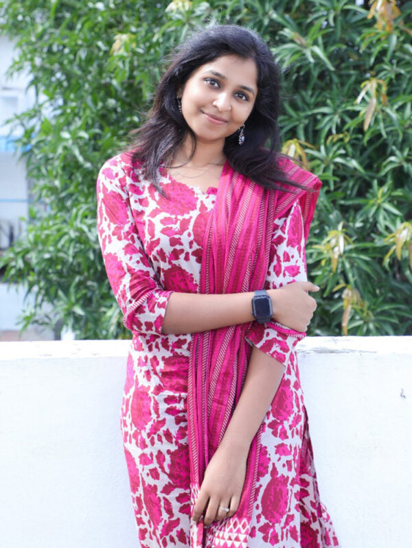 TheHandStitch Pink Floral Printed Kurti Set with Dupatta Stylish Cotton Ethnic Wear for Women