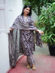 Black Tie Dye Floral Kurta Pant Dupatta Set for Women Elegant Ethnic Co-ord Suit