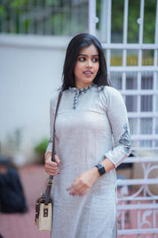 Grey Striped Cotton Kurta Pant Set for Women Elegant Minimal Ethnic Wear