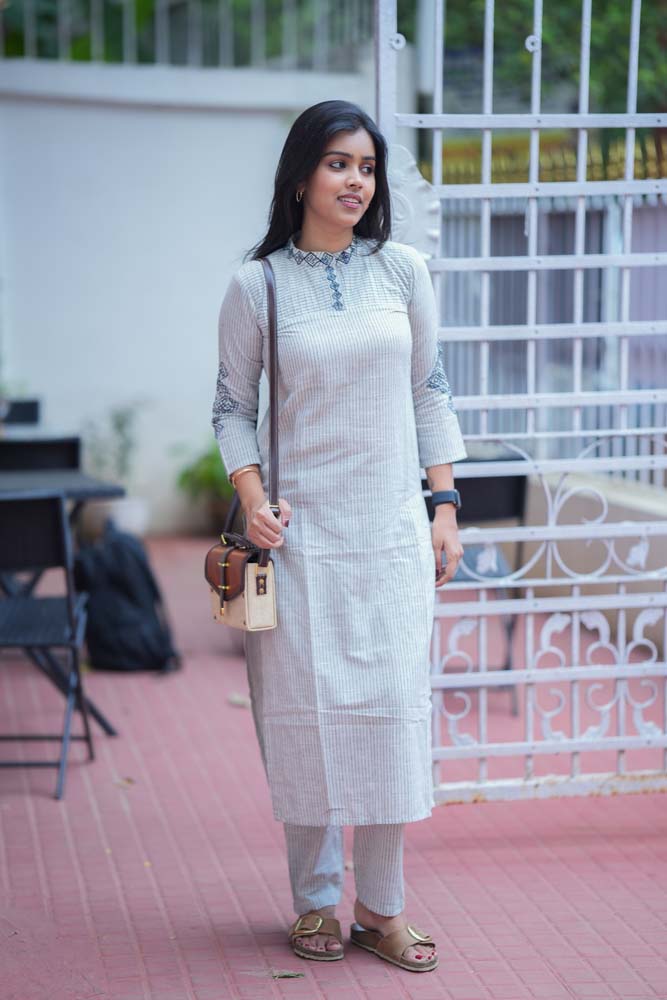 Grey Striped Cotton Kurta Pant Set for Women Elegant Minimal Ethnic Wear