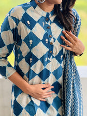 TheHandStitch Blue Handblock Printed Kurti Set with Dupatta Stylish Cotton Ethnic Wear for Women