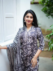 Black Tie Dye Floral Kurta Pant Dupatta Set for Women Elegant Ethnic Co-ord Suit