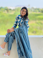 TheHandStitch Blue Handblock Printed Kurti Set with Dupatta Stylish Cotton Ethnic Wear for Women
