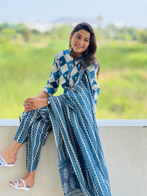 TheHandStitch Blue Handblock Printed Kurti Set with Dupatta Stylish Cotton Ethnic Wear for Women