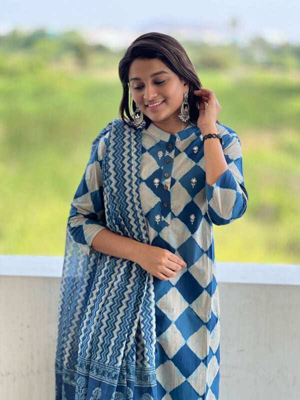TheHandStitch Blue Handblock Printed Kurti Set with Dupatta Stylish Cotton Ethnic Wear for Women