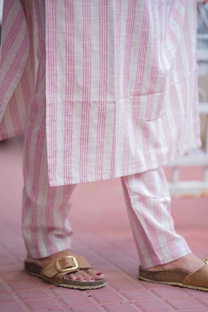 Pink Striped Cotton Kurta Pant Set for Women Minimal Everyday Ethnic Wear