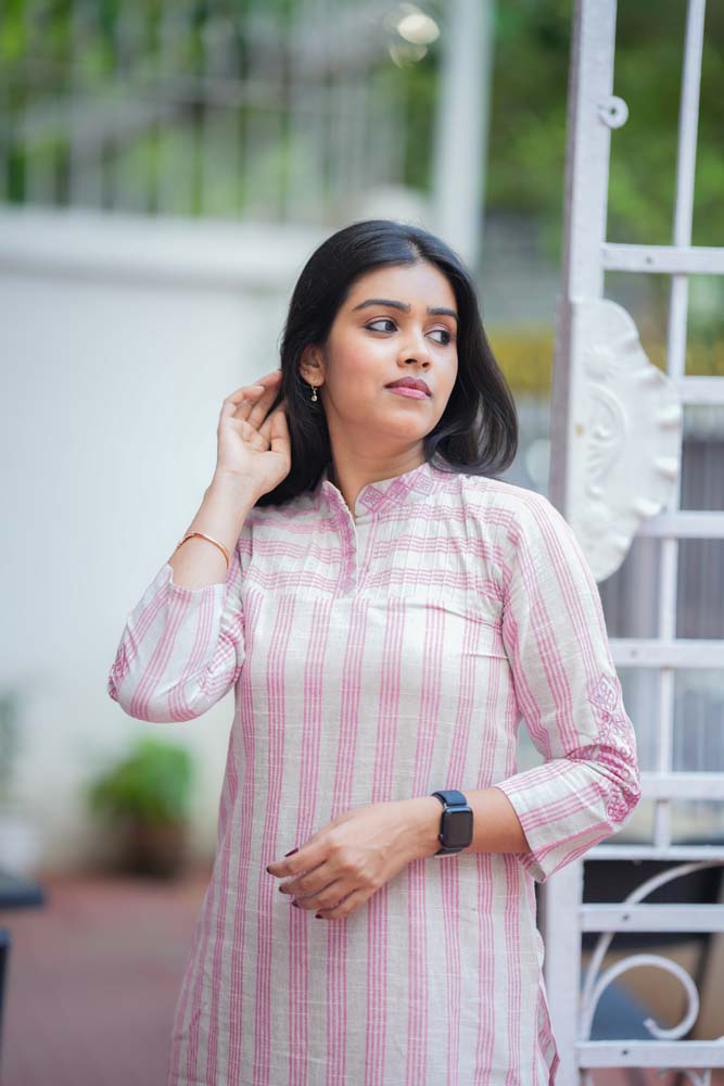 Pink Striped Cotton Kurta Pant Set for Women Minimal Everyday Ethnic Wear