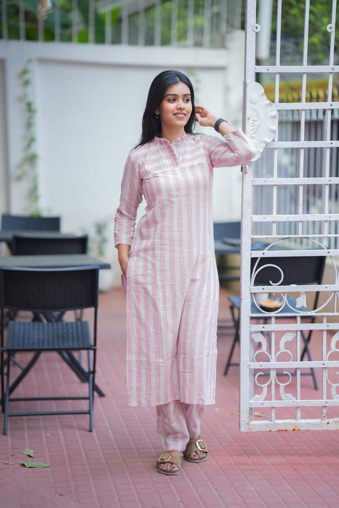 Pink Striped Cotton Kurta Pant Set for Women Minimal Everyday Ethnic Wear
