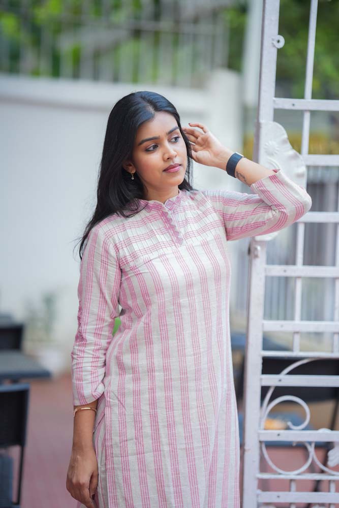 Pink Striped Cotton Kurta Pant Set for Women Minimal Everyday Ethnic Wear
