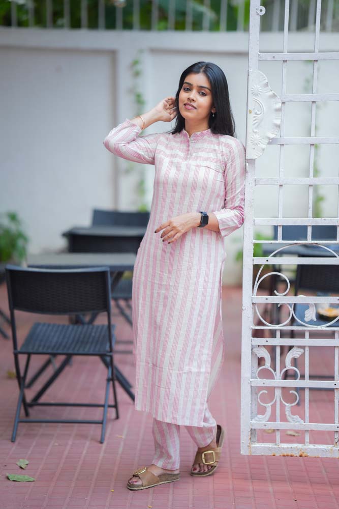 Pink Striped Cotton Kurta Pant Set for Women Minimal Everyday Ethnic Wear