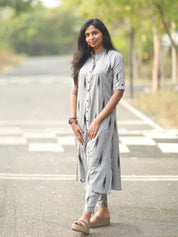TheHandStitch Grey Ikat Printed Cotton Kurti Set for Women Minimal Casual Ethnic Wear
