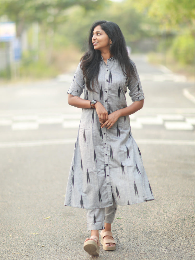 TheHandStitch Grey Ikat Printed Cotton Kurti Set for Women Minimal Casual Ethnic Wear