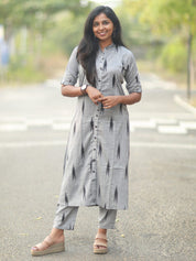 TheHandStitch Grey Ikat Printed Cotton Kurti Set for Women Minimal Casual Ethnic Wear