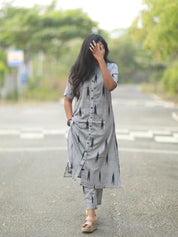 TheHandStitch Grey Ikat Printed Cotton Kurti Set for Women Minimal Casual Ethnic Wear