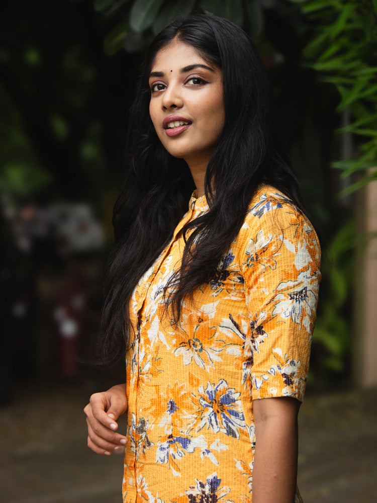 Mustard Yellow Floral Printed Kurta Pant Set for Women Trendy Cotton Ethnic Wear
