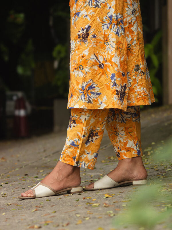 Mustard Yellow Floral Printed Kurta Pant Set for Women Trendy Cotton Ethnic Wear