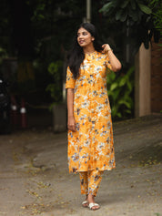 Mustard Yellow Floral Printed Kurta Pant Set for Women Trendy Cotton Ethnic Wear