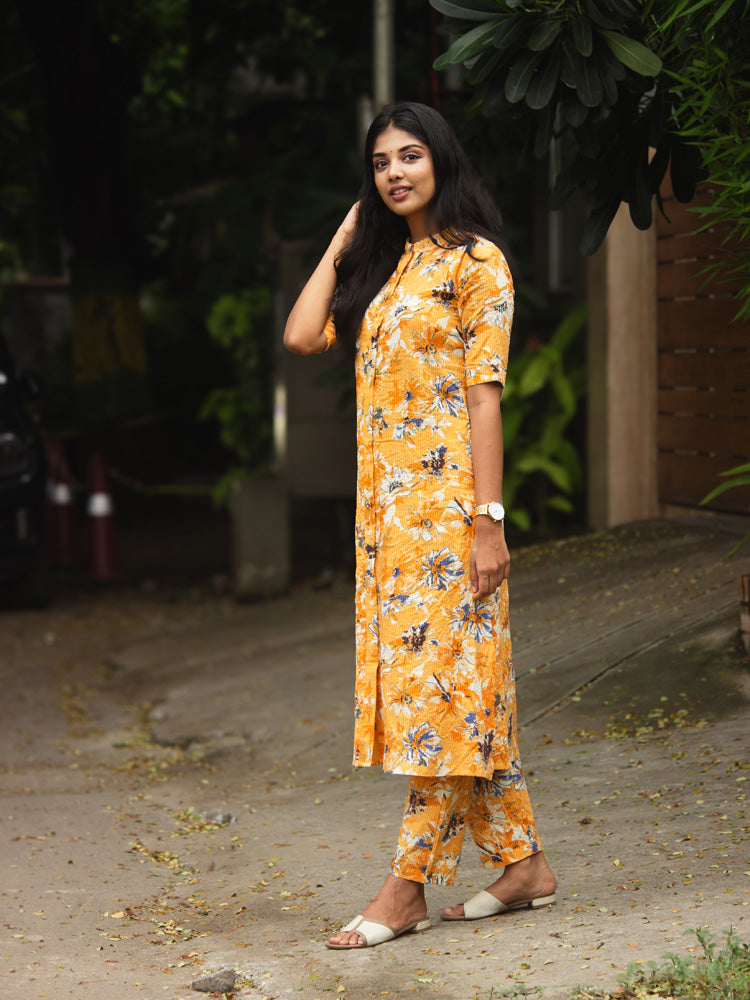 Mustard Yellow Floral Printed Kurta Pant Set for Women Trendy Cotton Ethnic Wear
