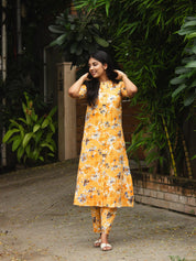 Mustard Yellow Floral Printed Kurta Pant Set for Women Trendy Cotton Ethnic Wear