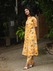 Mustard Yellow Floral Printed Kurta Pant Set for Women Trendy Cotton Ethnic Wear