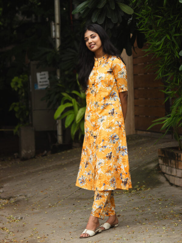 Mustard Yellow Floral Printed Kurta Pant Set for Women Trendy Cotton Ethnic Wear