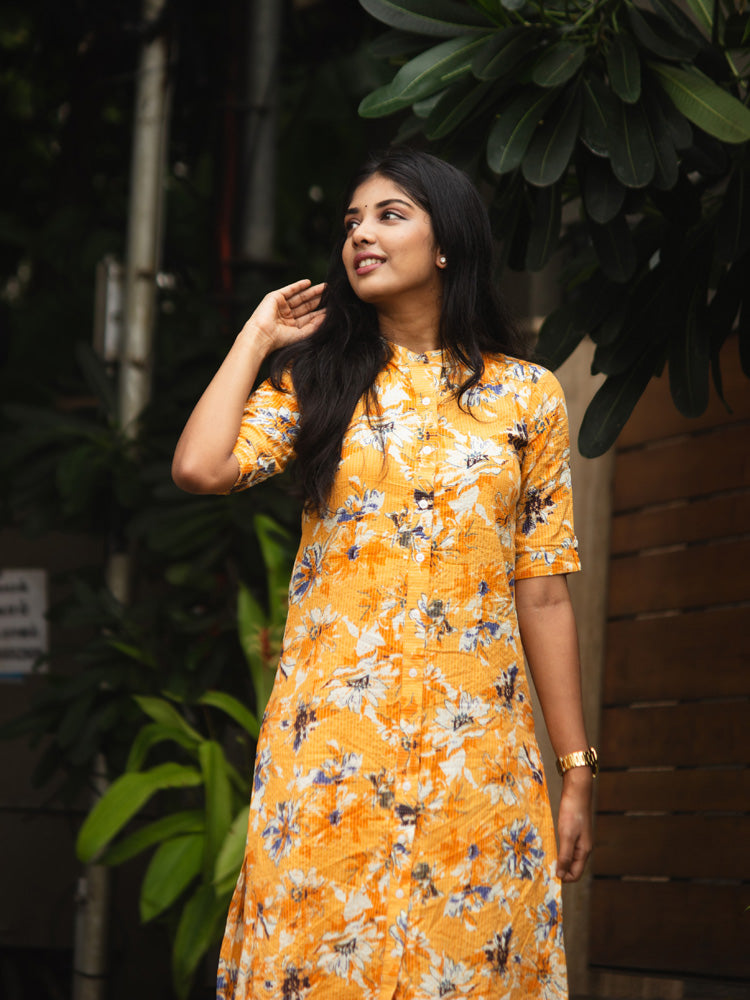 Mustard Yellow Floral Printed Kurta Pant Set for Women Trendy Cotton Ethnic Wear