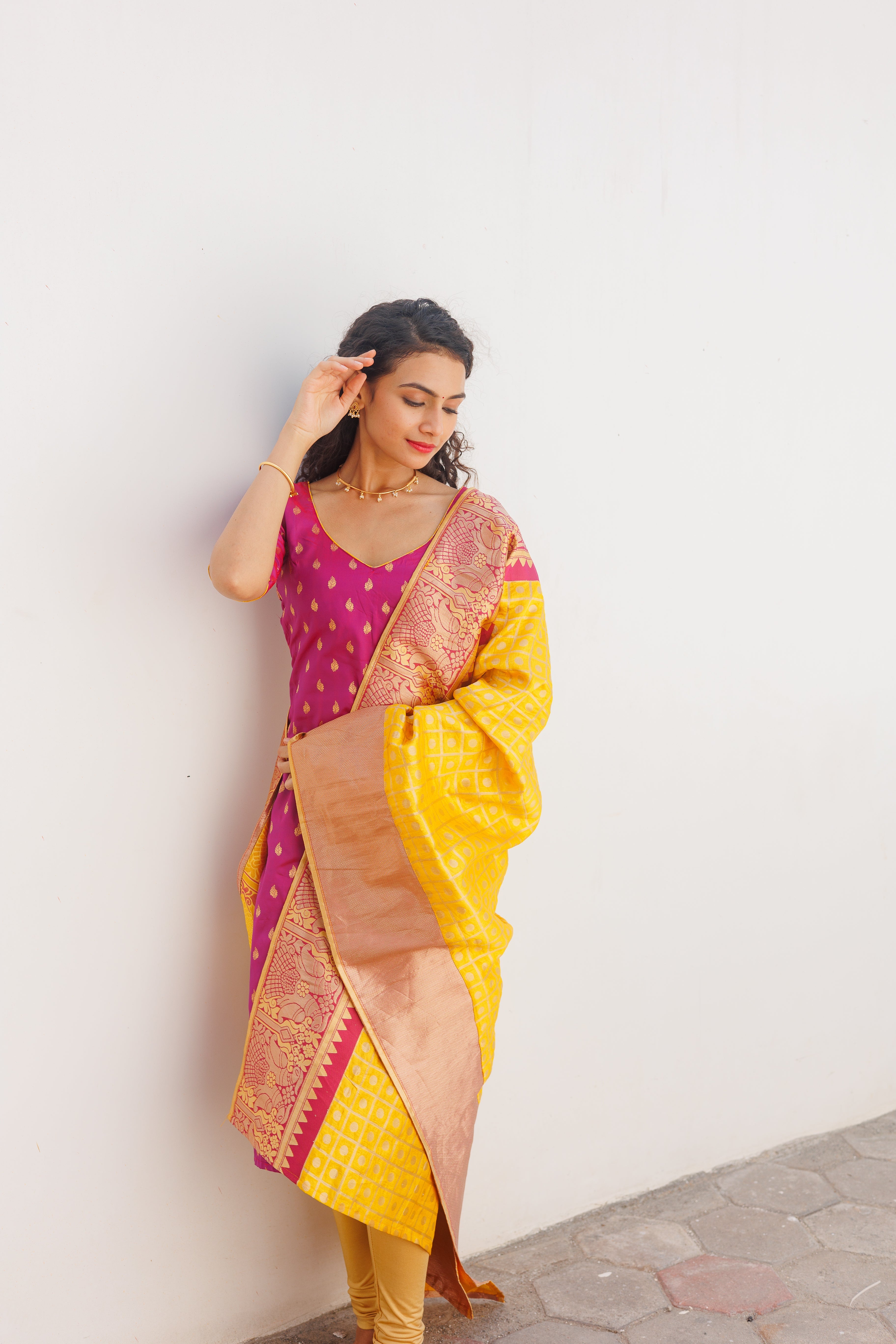 Pink Ethnic Kurta Set for Women with Yellow Banarasi Dupatta Festive Traditional Wear