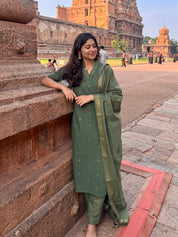 Olive Green Kurta Set with Woven Dupatta for Women Elegant Traditional Ethnic Wear
