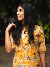 Mustard Yellow Floral Printed Kurta Pant Set for Women Trendy Cotton Ethnic Wear
