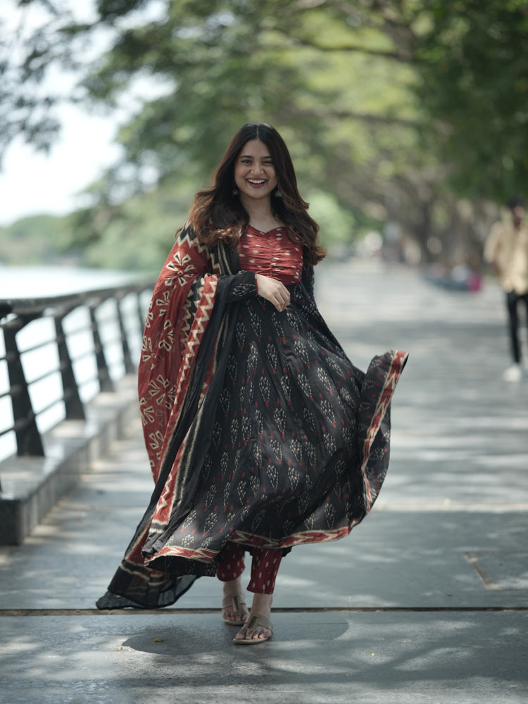 Black Ikat Print Anarkali Kurta Set with Dupatta for Women Festive Ethnic Wear