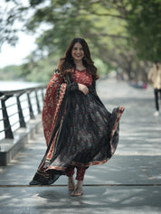 Black Ikat Print Anarkali Kurta Set with Dupatta for Women Festive Ethnic Wear