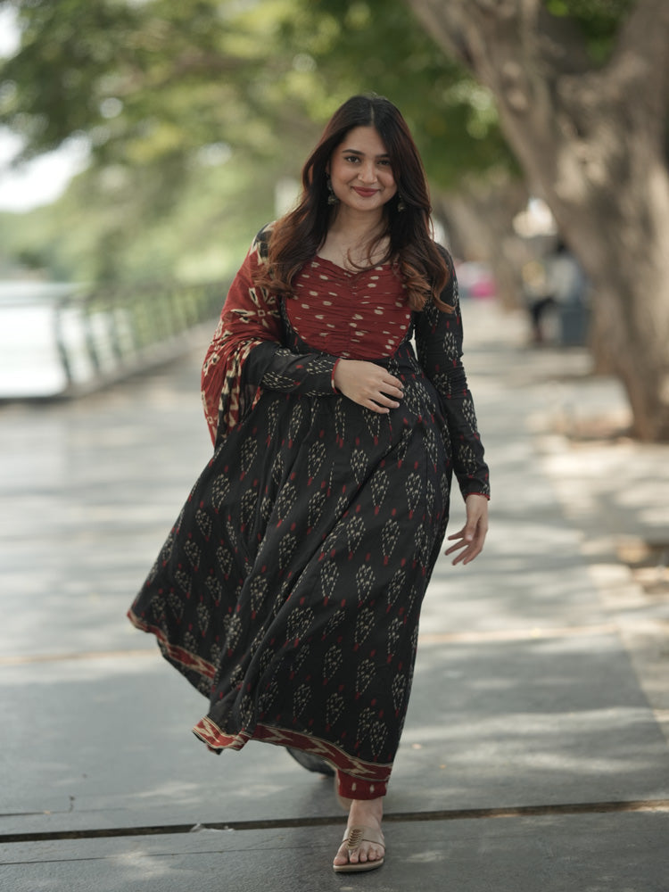 Black Ikat Print Anarkali Kurta Set with Dupatta for Women Festive Ethnic Wear