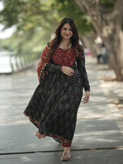 Black Ikat Print Anarkali Kurta Set with Dupatta for Women Festive Ethnic Wear