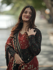 Black Ikat Print Anarkali Kurta Set with Dupatta for Women Festive Ethnic Wear