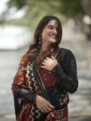 Black Ikat Print Anarkali Kurta Set with Dupatta for Women Festive Ethnic Wear