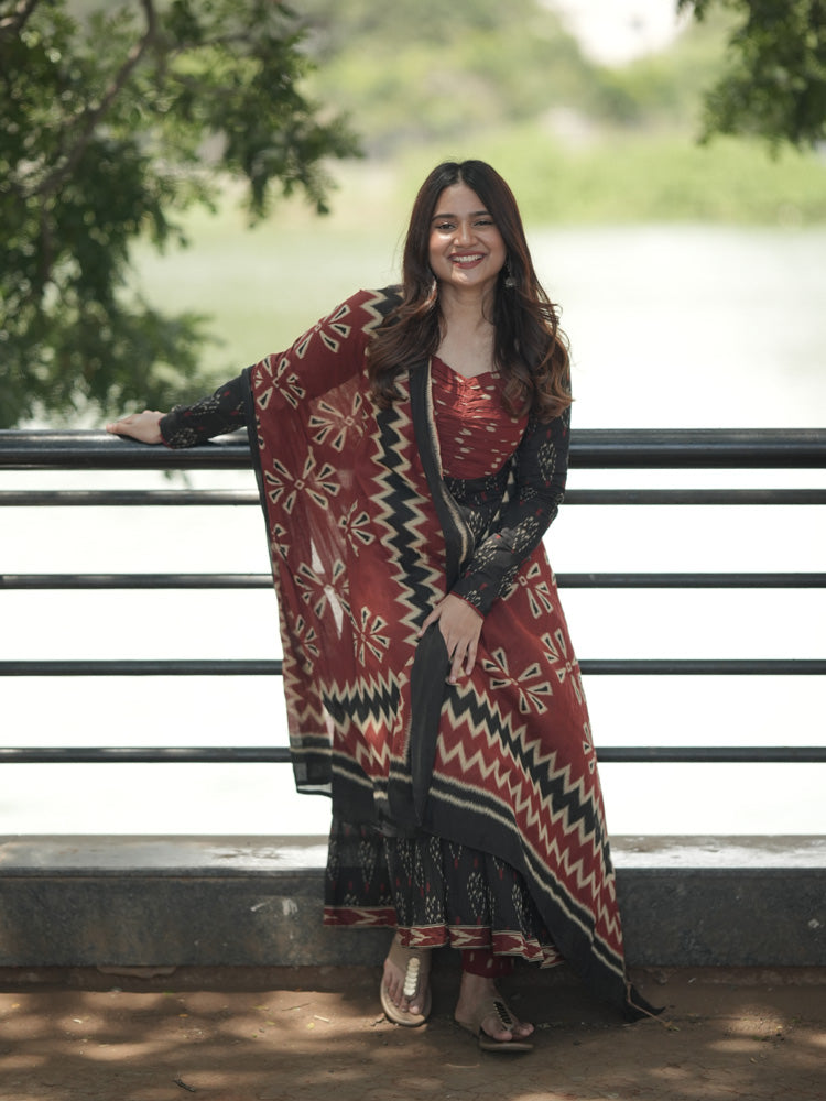 Black Ikat Print Anarkali Kurta Set with Dupatta for Women Festive Ethnic Wear